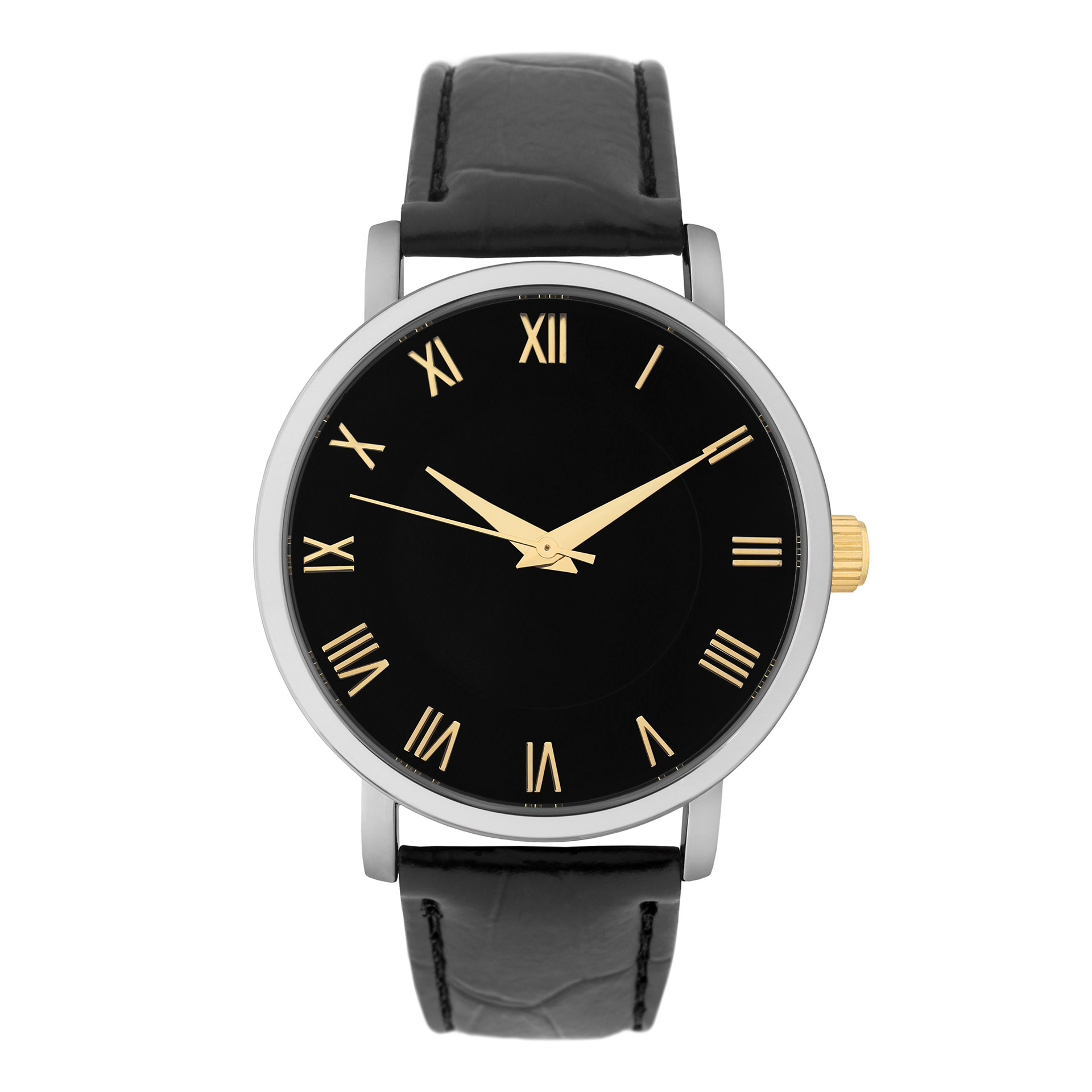 Stainless steel watch with leather strap